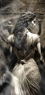 Artistic depiction of ancient goddess statue with historic motifs.