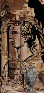 Ancient Greek art wallpaper with statues and laurel wreath.