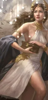 Illustration of a Greek goddess holding a box in an ancient, mythical setting.