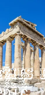 Vibrant Parthenon against a clear blue sky with ancient columns.