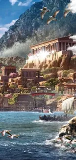 Ancient Greek village by the seaside with mountains and buildings.