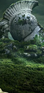 Stone helmet nestled in a green forest scene.