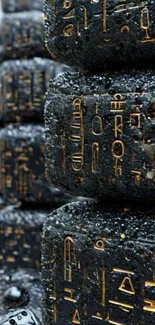 Hieroglyphic carvings on dark stone blocks create a mysterious wallpaper.