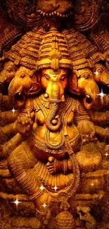 Intricate Hindu deity sculpture with golden brown tones.