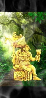 Golden tribal artifact in a lush jungle setting on a mobile wallpaper.