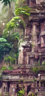 Beautiful jungle ruins with lush greenery and ancient stone walls.