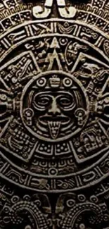Intricate Mayan calendar design in dark brown tones with symbolic art.