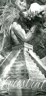 Mayan warrior with pyramidal backdrop in grayscale.