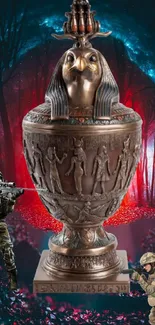 Ancient Egyptian-style urn with soldiers in a mystical forest landscape.