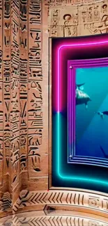 Neon-framed hieroglyphic Egyptian wall art with vibrant colors.