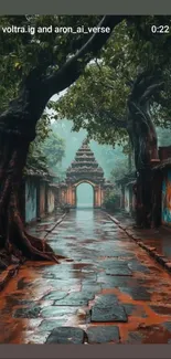 Ancient pathway with majestic trees and tranquil atmosphere.