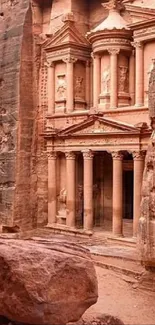 Petra rock formation with ancient architecture in sandstone cliffs.