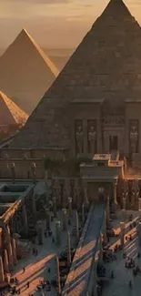 Ancient Egyptian pyramids under a beautiful sunset sky.