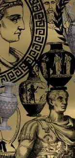 Ancient Roman art with sculptures and vases on a gold background.