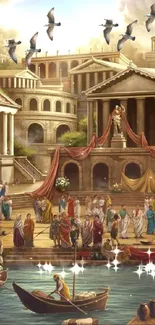 Illustration of an ancient Roman cityscape with vibrant people and architecture.