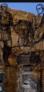 Ancient Roman collage art with statues and sketches on a brown background.