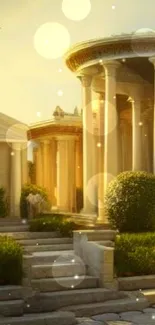 Ancient Roman garden with columns and statues in warm golden light.