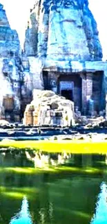 Ancient ruins reflecting on calm green waters, capturing tranquility and history.