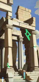 Artistic depiction of ancient ruins with columns under a blue sky.