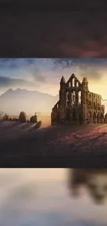 Ancient ruins at sunset with mountains and dramatic sky.