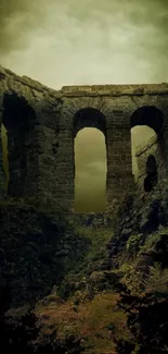 Ancient stone ruins under an eerie sky.