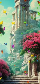 Ancient ruins with vibrant flowers and a mountainous backdrop in a serene setting.