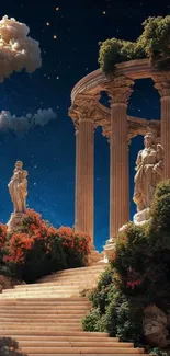 Ancient ruins with statues under a starry night sky.