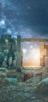 Ancient ruins under a starry night sky with cosmic beauty.