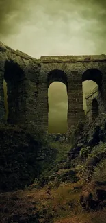 Mysterious ancient ruins with stone arches under a moody, cloudy sky.