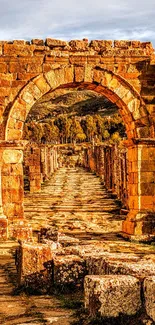 Ancient ruins path under golden sky.