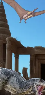 Dinosaurs with ancient ruins and blue sky wallpaper.