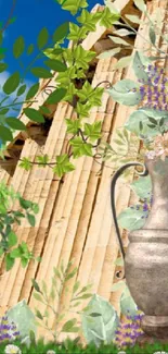 Ancient ruins and stone vase with green foliage under a blue sky.