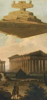 Floating starship over ancient ruins in a classical art style wallpaper.