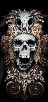 Intricate ancient skull art with metallic accents on a dark background.