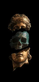 An artistic depiction of skull and mask fragments on a dark background.