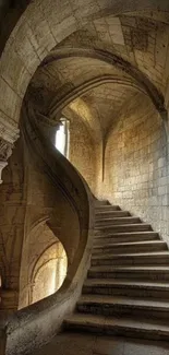 Historic spiral staircase with stone walls.