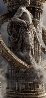 Ancient statue with intricate details against a dramatic sky