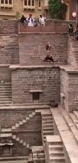 View of an ancient stepwell with intricate stone steps.