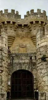 Mobile wallpaper of an ancient stone castle with a striking medieval entrance.