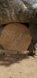 Ancient stone cave entryway with earthy tones.