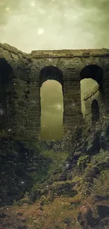 Mysterious ancient stone ruins with arches and foliage.