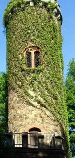 Ancient stone tower enveloped in lush green vines.