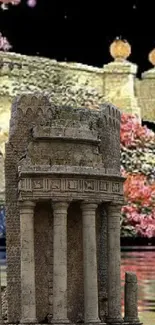 Ancient architectural structure with fantasy elements and vibrant floral backdrop.