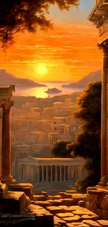 Ancient cityscape at sunset with orange skies and historical architecture.