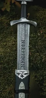 Medieval sword resting on mossy ground with intricate designs.