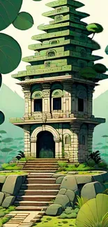 Illustrated ancient temple surrounded by jungle.