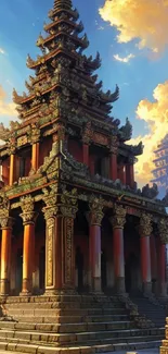 Ancient temple against a vibrant sunset sky, showcasing architectural beauty.