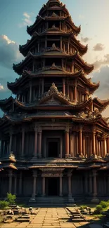 Ancient temple under dramatic sunset clouds.