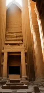 Majestic ancient temple with towering stone pillars bathed in a golden glow.