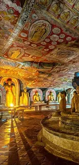 Serene ancient temple with Buddhist statues and vibrant ceiling patterns.